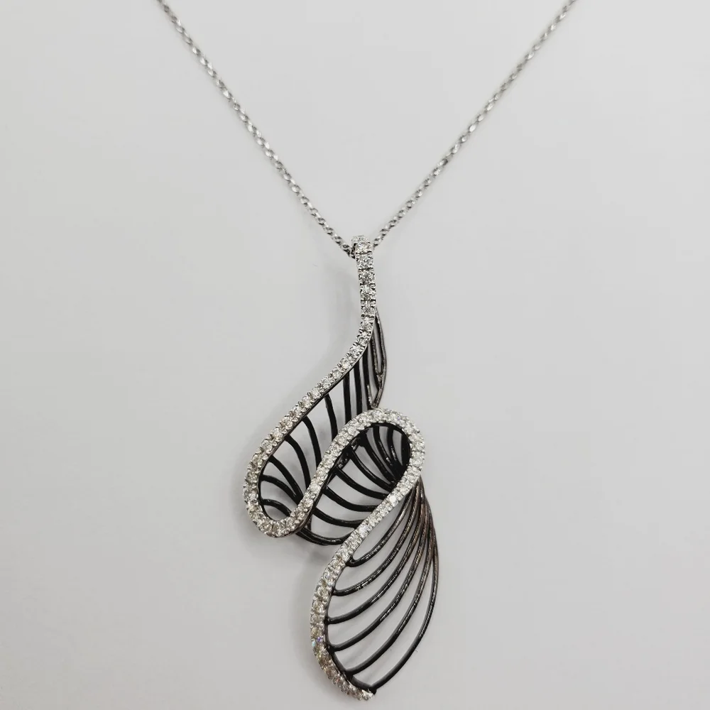 14k Solid White / Black Gold Genuine Round Diamond Swirl Pendant Necklace